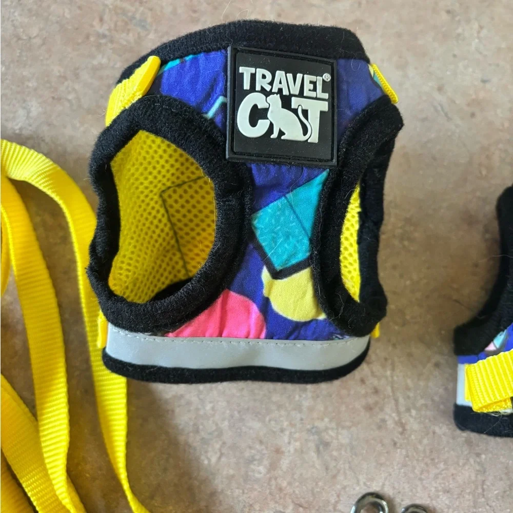 Two Harness and Leash Sets - Black, Yellow, and Multicolor